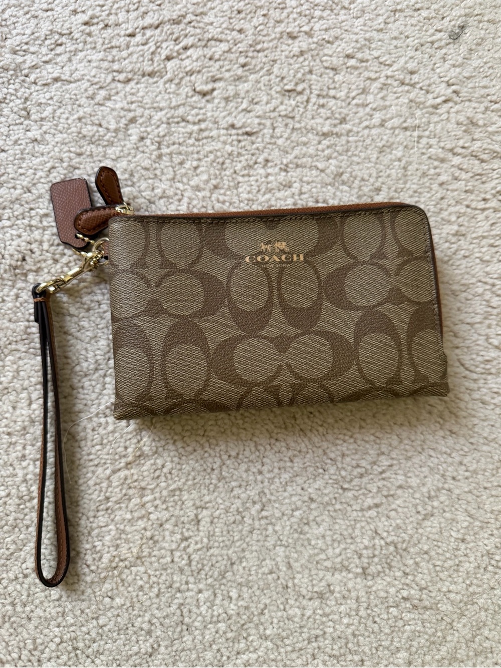 Coach Brown Signature Canvas Wristlet with Leather Strap